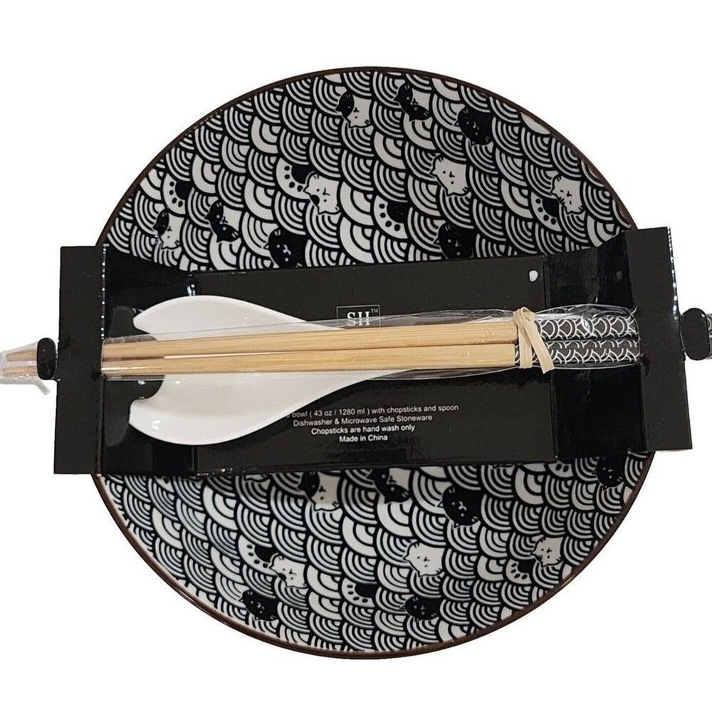 SH Home Black Cats Waves Ceramic Ramen Noodle Bowl Set 43oz Chopsticks Spoon